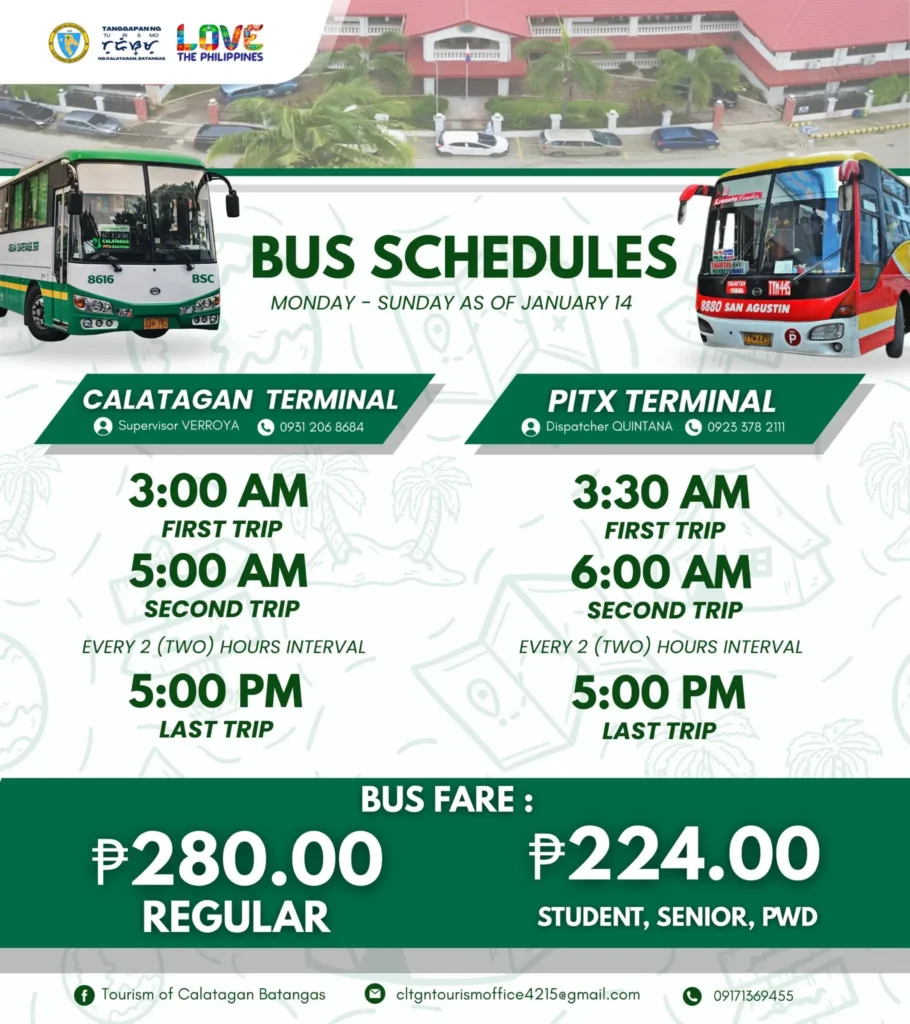 PITX to Calatagan bus schedule showing first trip, last trip, and bus fare from Manila to Calatagan Batangas