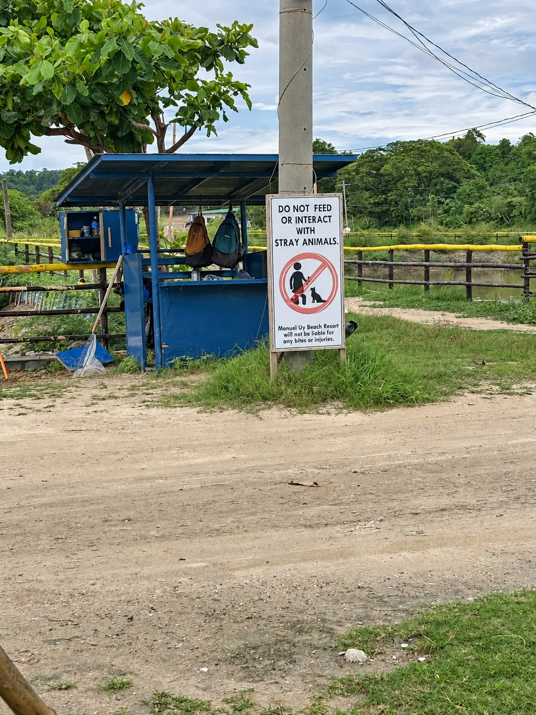 Entrance post at Manuel Uy with a notice about stray animals
