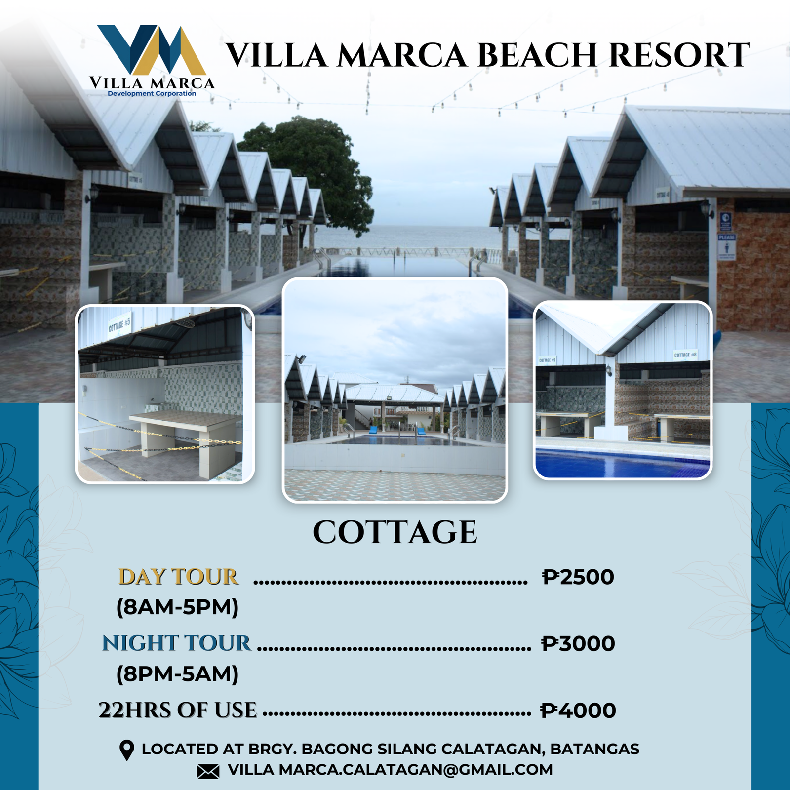 Pool and cottages pictured on Villa Marca's official cottage rate card