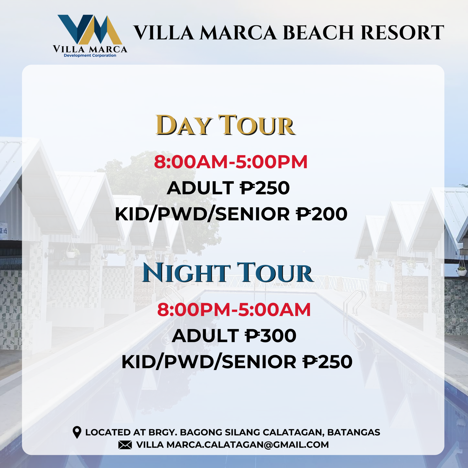 Villa Marca official day-tour and night-tour entrance rate card