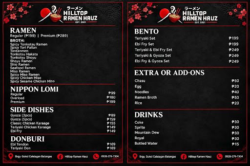 Owner-posted Hilltop Ramen Hauz menu with ramen, bento, sides and drink prices