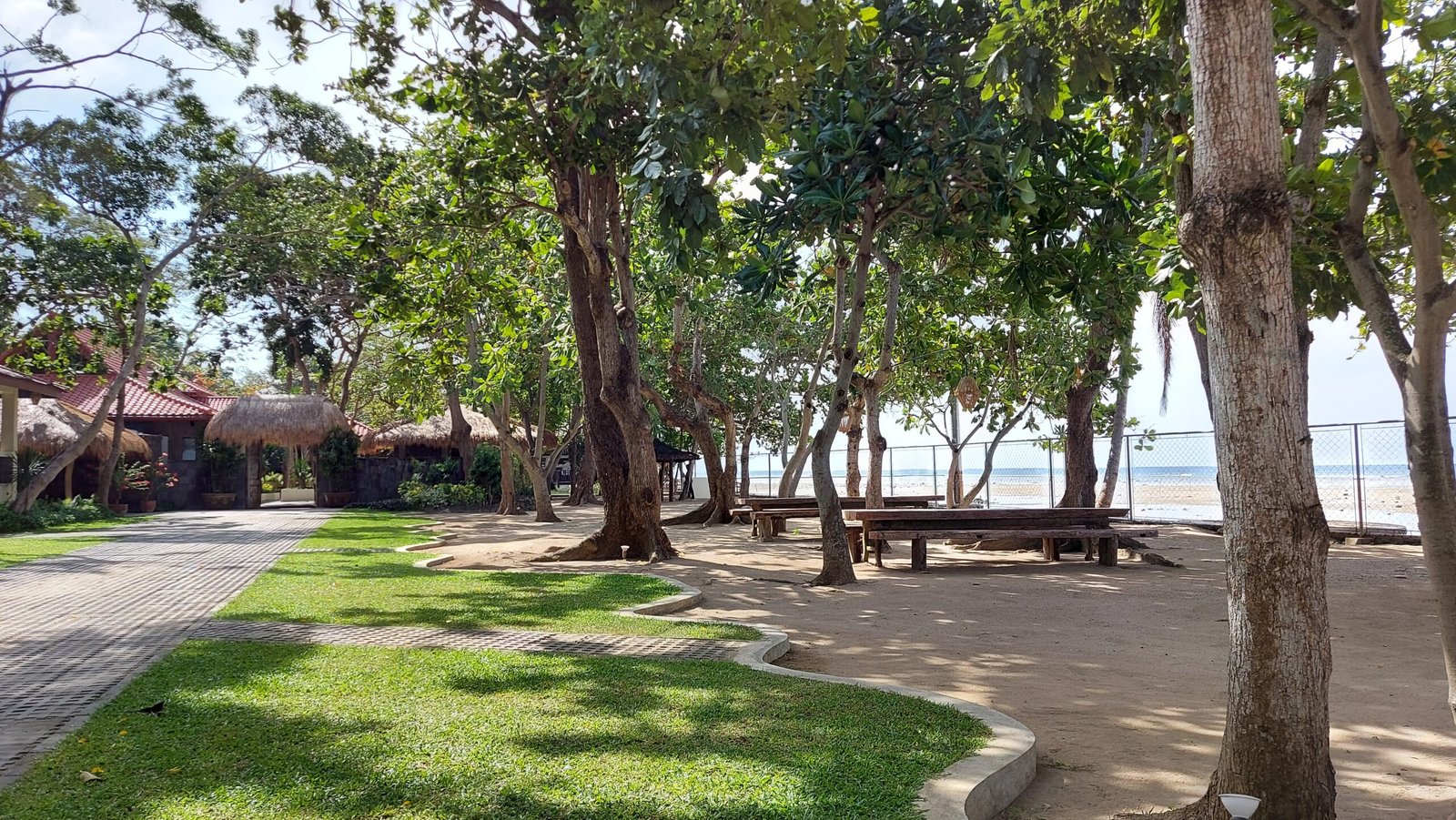 Tree-shaded beachfront grounds and wooden seating at Casa Bu