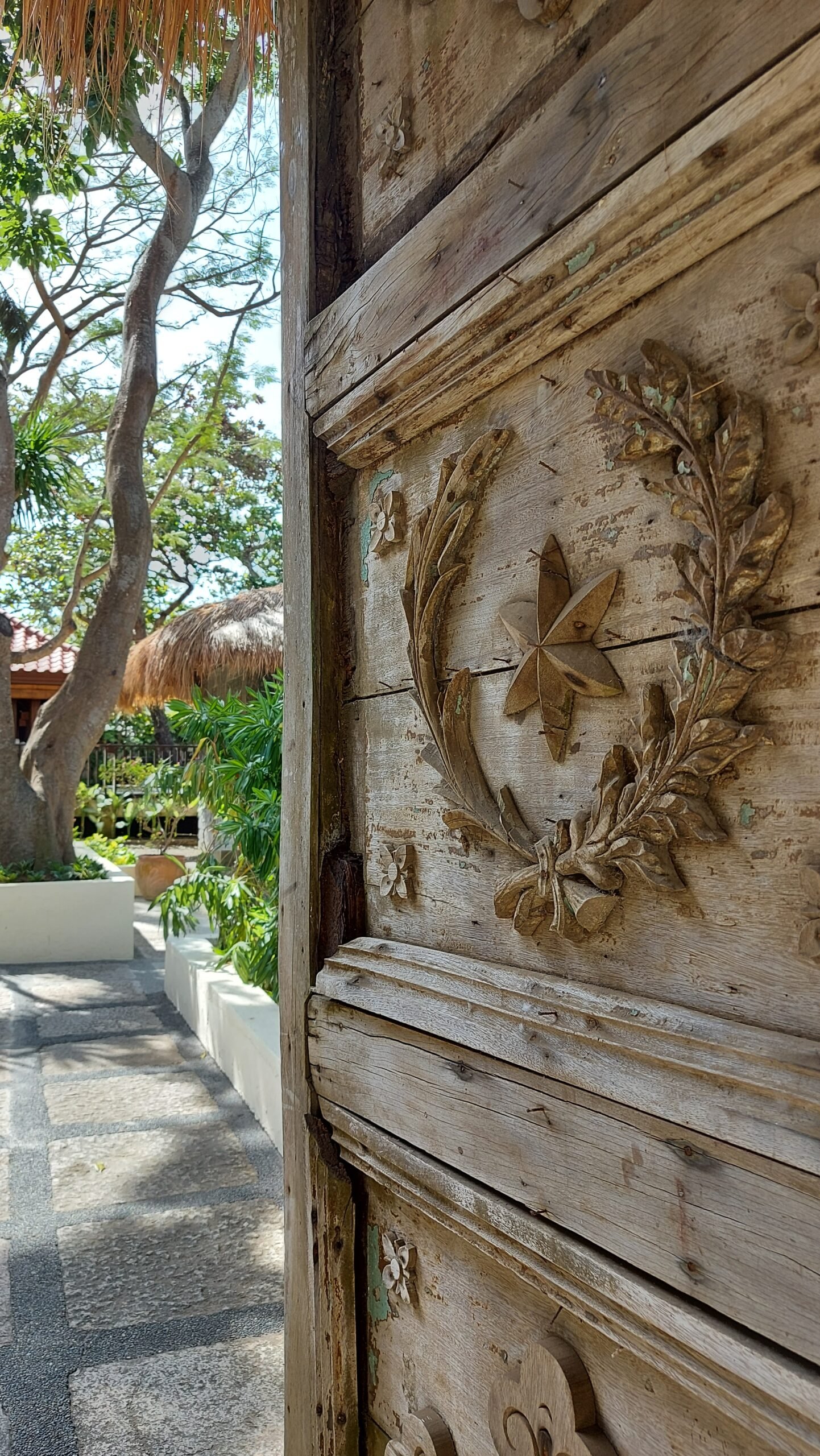 Carved wooden door beside a garden path at Casa Bu