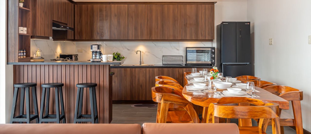 Kitchen and dining table at Our Hideaway Beach Resort